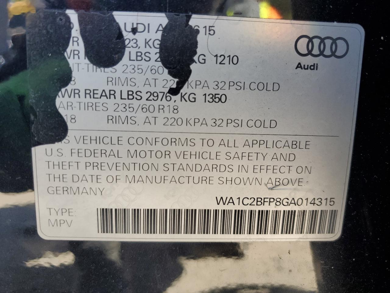 2016 Audi Q5 Premium VIN: WA1C2BFP8GA014315 Lot: 82108045