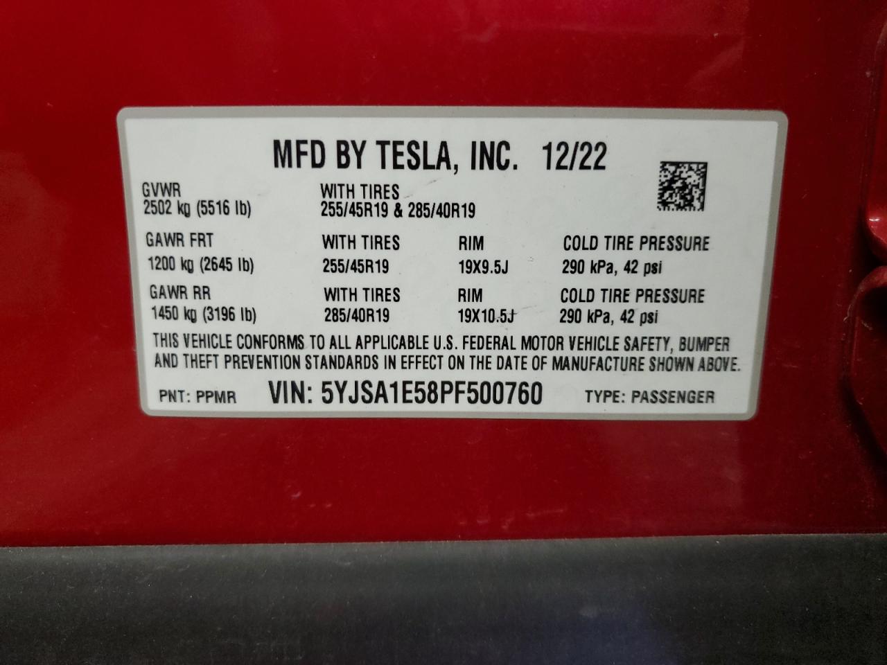 2023 Tesla Model S VIN: 5YJSA1E58PF500760 Lot: 85315365
