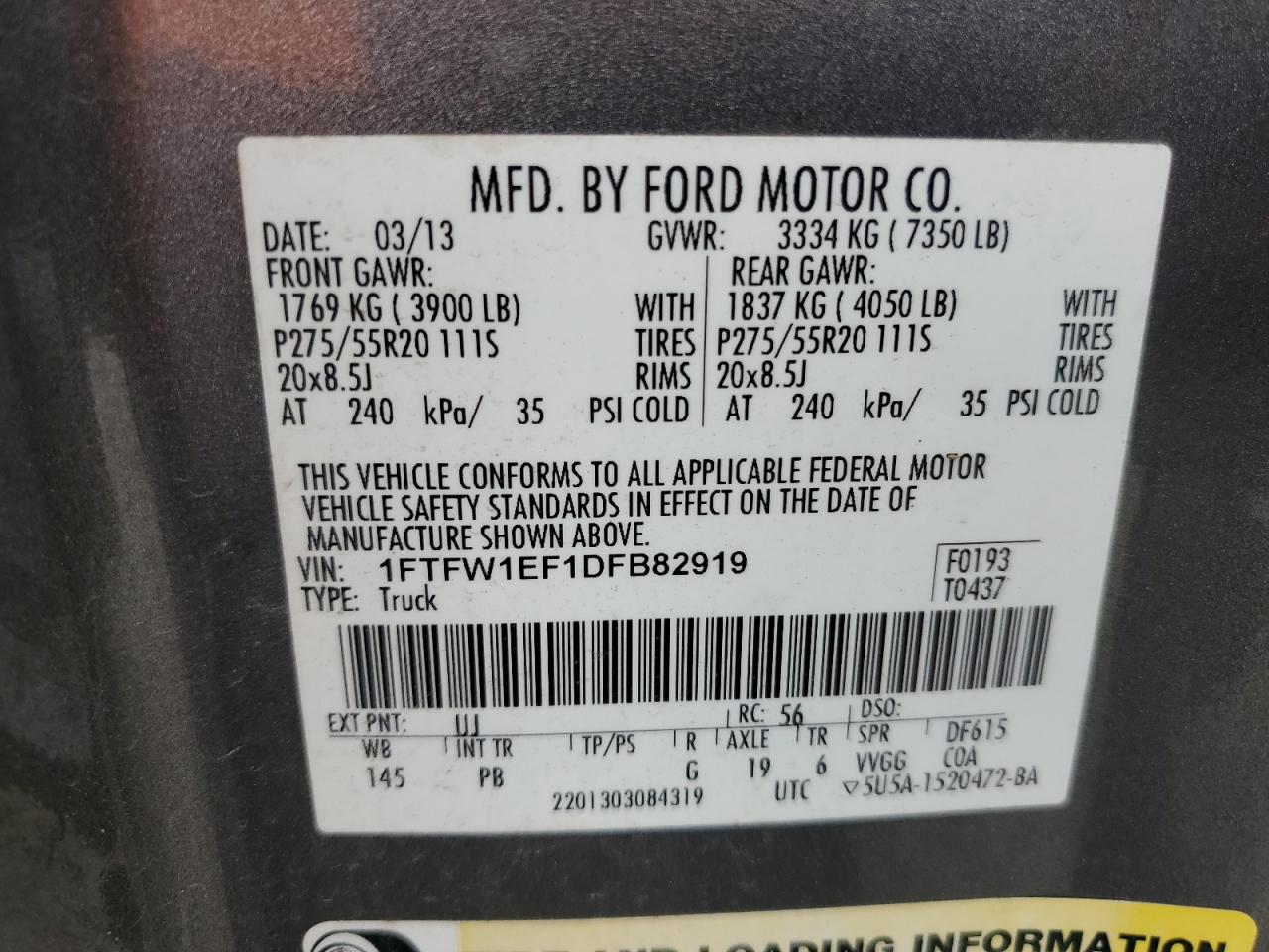 2013 Ford F150 Supercrew VIN: 1FTFW1EF1DFB82919 Lot: 85535255