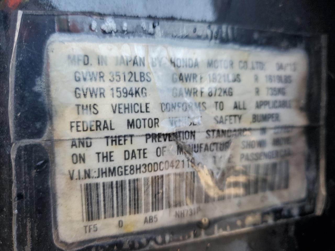 2013 Honda Fit VIN: JHMGE8H30DC042118 Lot: 85921785