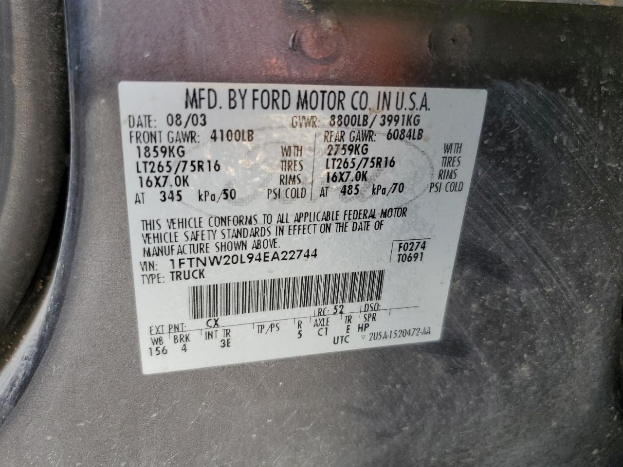 2004 Ford F250 Super Duty VIN: 1FTNW20L94EA22744 Lot: 82376955