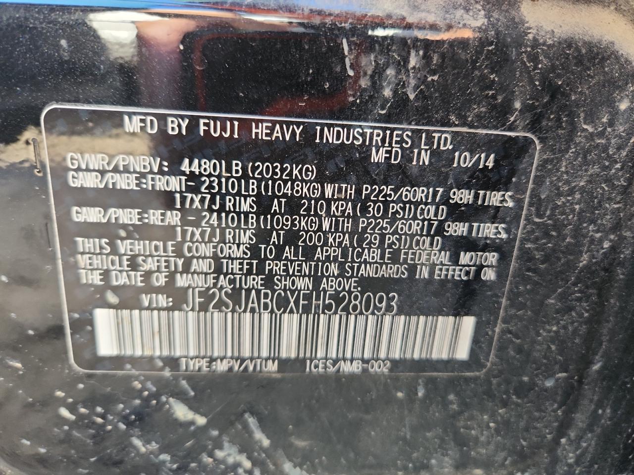 2015 Subaru Forester 2.5I VIN: JF2SJABCXFH528093 Lot: 84209175