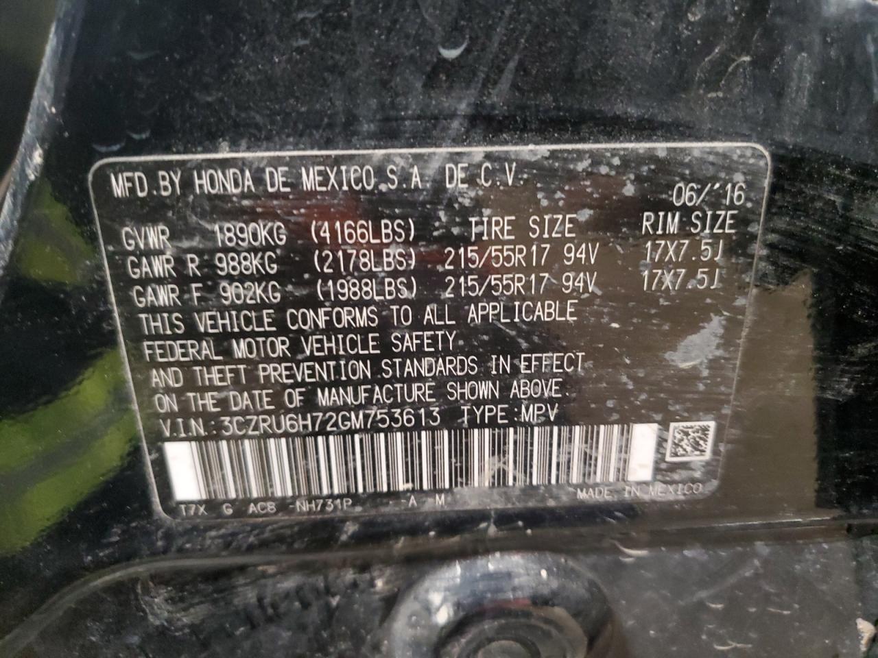 2016 Honda Hr-V Exl VIN: 3CZRU6H72GM753613 Lot: 85885645