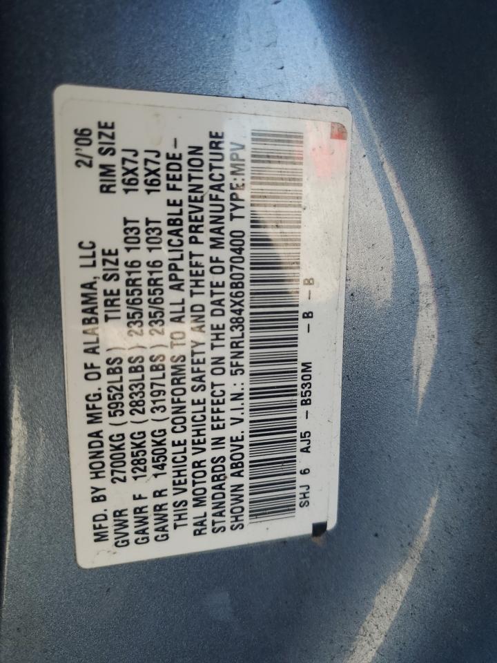 2006 Honda Odyssey Ex VIN: 5FNRL384X6B070400 Lot: 85780025