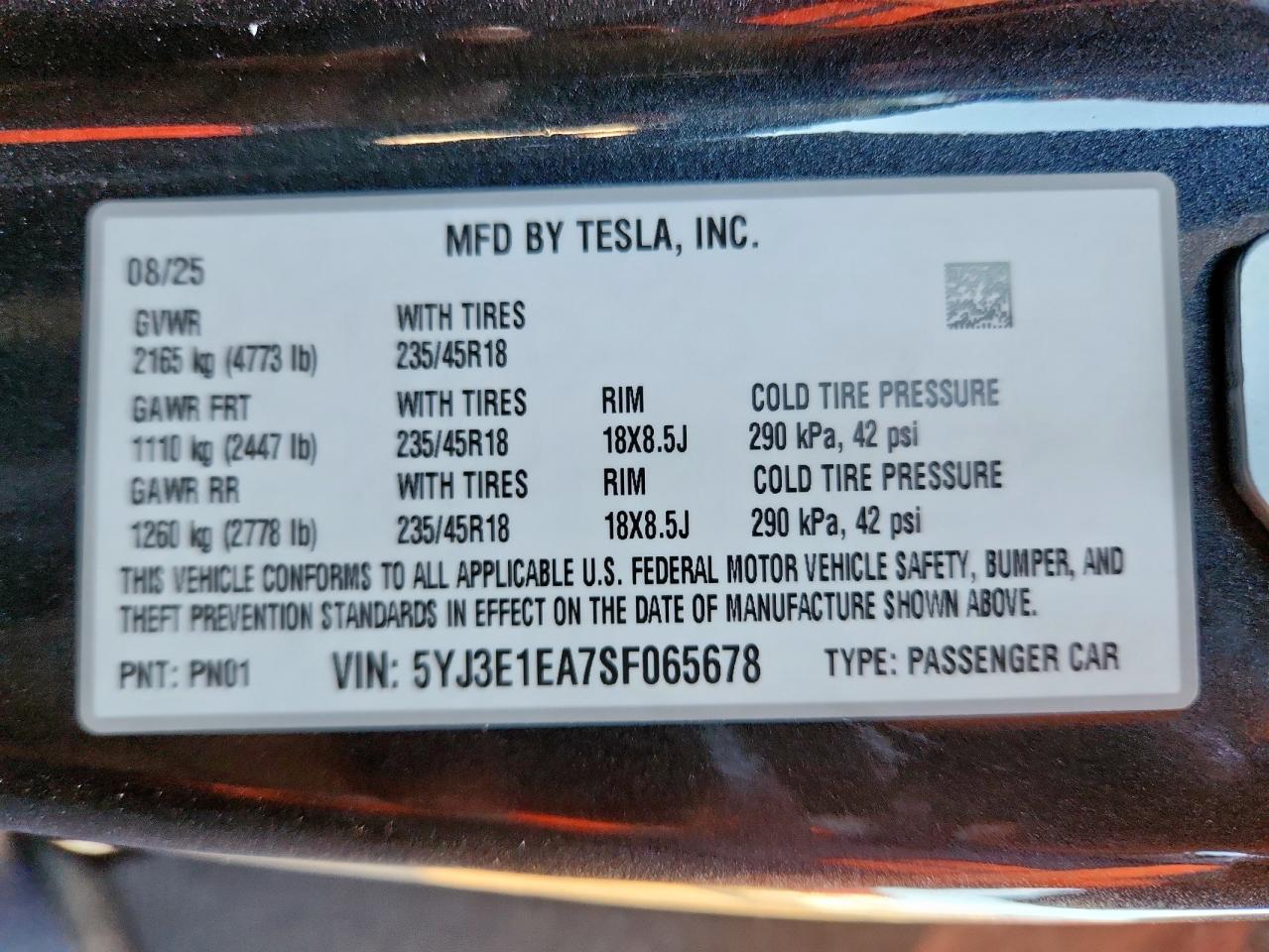 2025 Tesla Model 3 VIN: 5YJ3E1EA7SF065678 Lot: 90278745