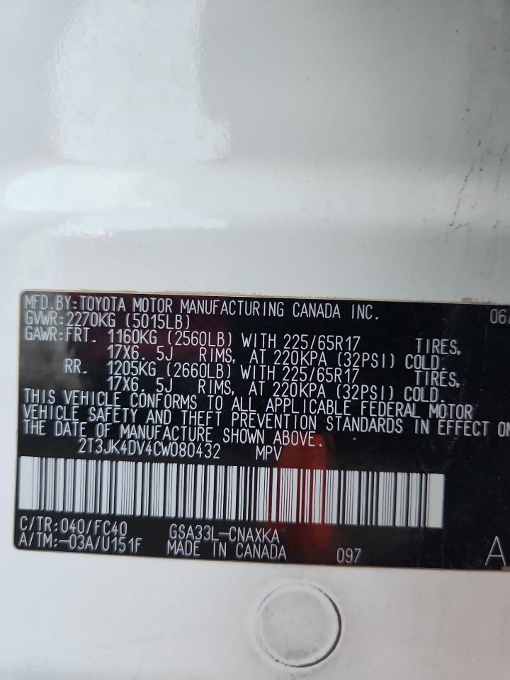 2012 Toyota Rav4 VIN: 2T3JK4DV4CW080432 Lot: 84580175