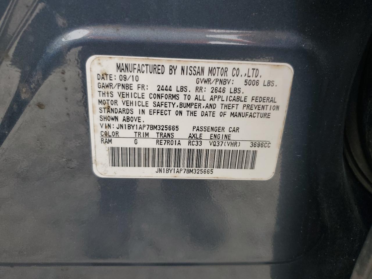 2011 Infiniti M37 VIN: JN1BY1AP7BM325665 Lot: 82360045