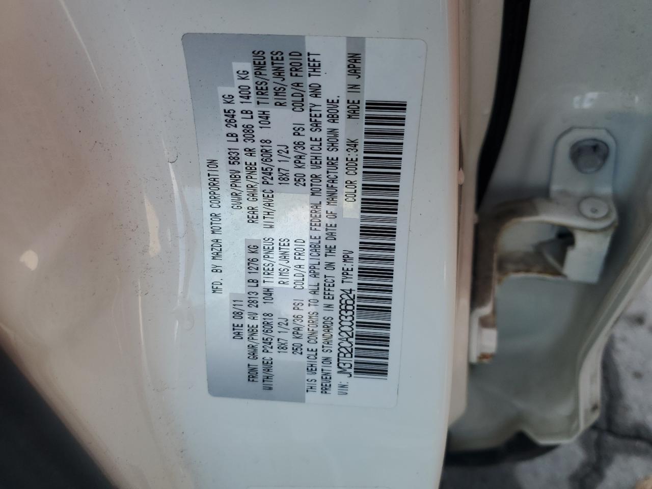 2012 Mazda Cx-9 VIN: JM3TB2CA2C0336624 Lot: 85092205