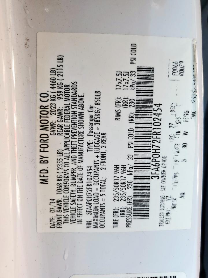 2015 Ford Fusion Se VIN: 3FA6P0H72FR102454 Lot: 86099485