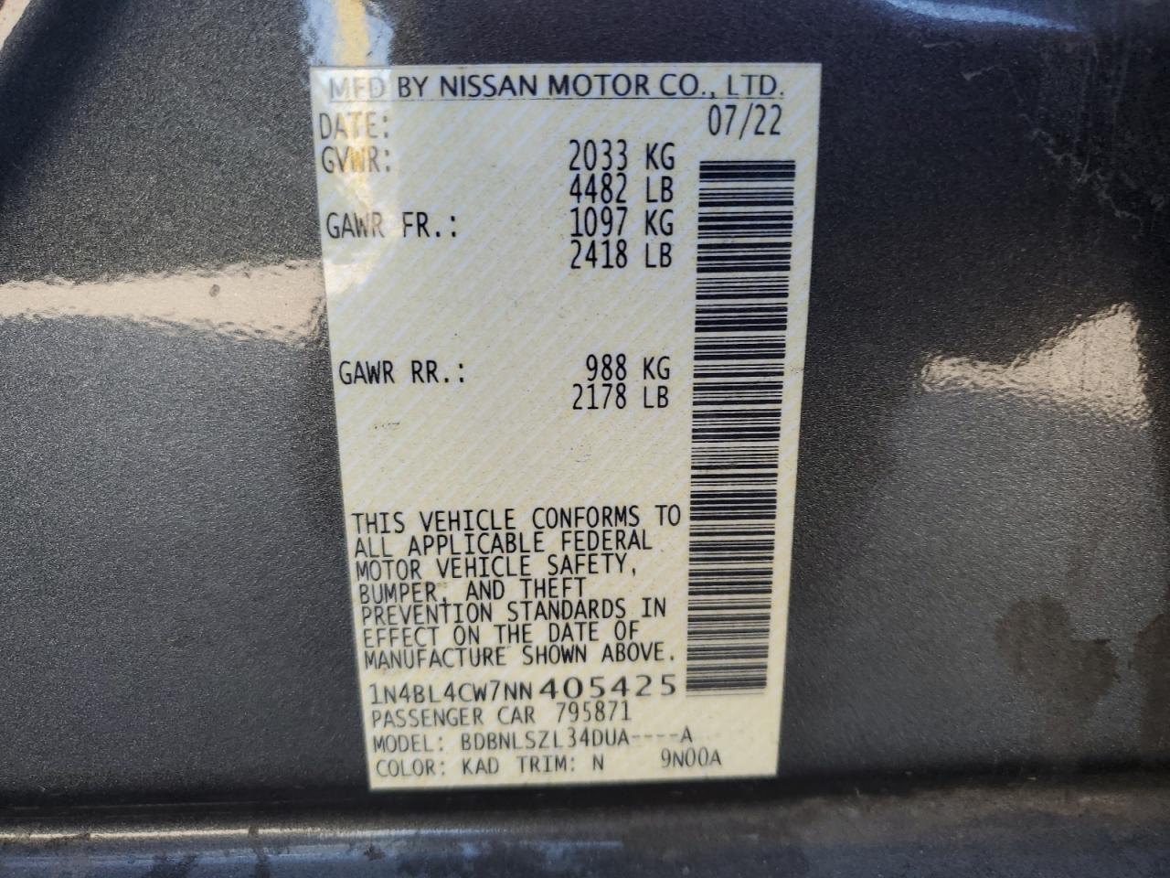 2022 Nissan Altima Sr VIN: 1N4BL4CW7NN405425 Lot: 86319655