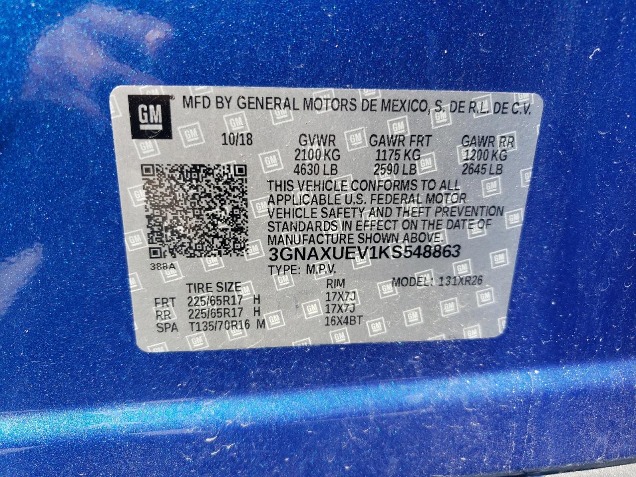 2019 Chevrolet Equinox Lt VIN: 3GNAXUEV1KS548863 Lot: 82386955