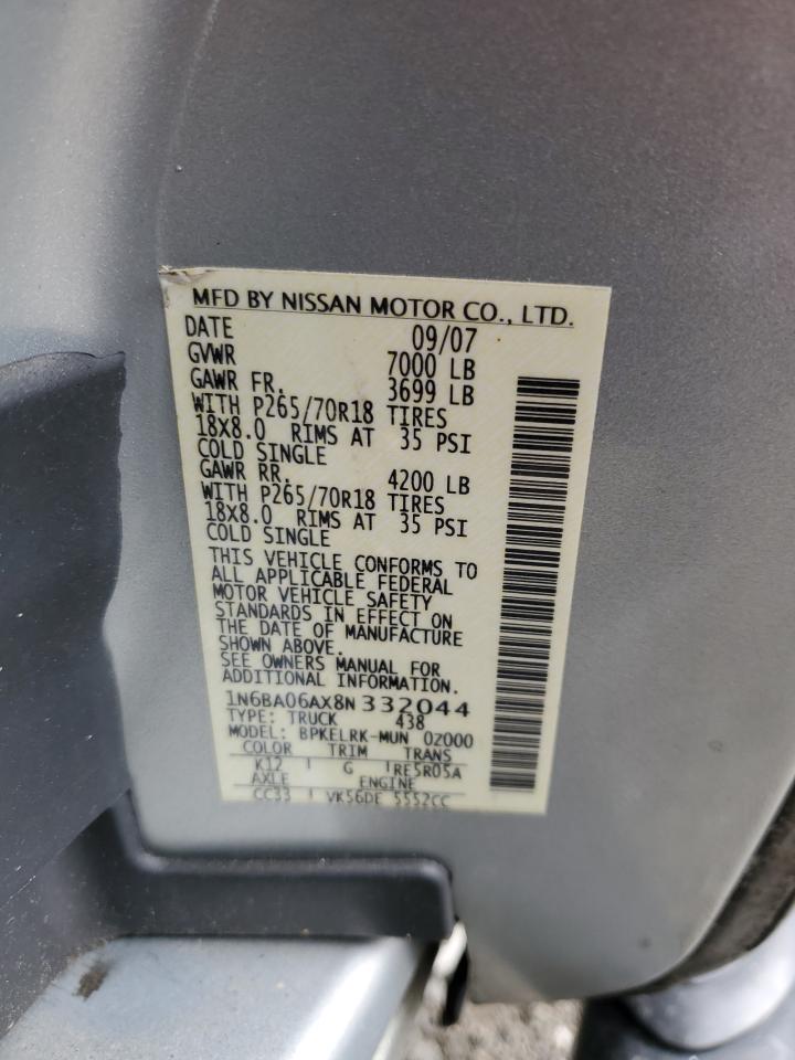 2008 Nissan Titan Xe VIN: 1N6BA06AX8N332044 Lot: 85650615