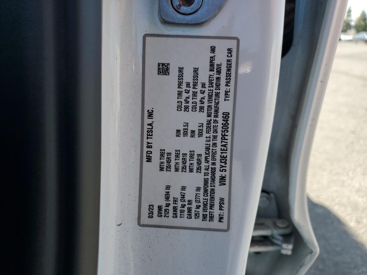 2023 Tesla Model 3 VIN: 5YJ3E1EA7PF506460 Lot: 85765525