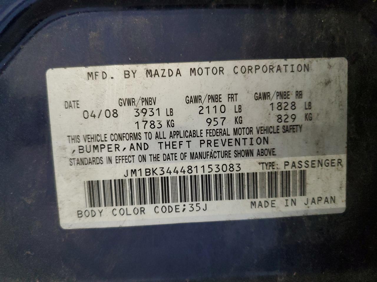 2008 Mazda 3 Hatchback VIN: JM1BK344481153083 Lot: 85160765