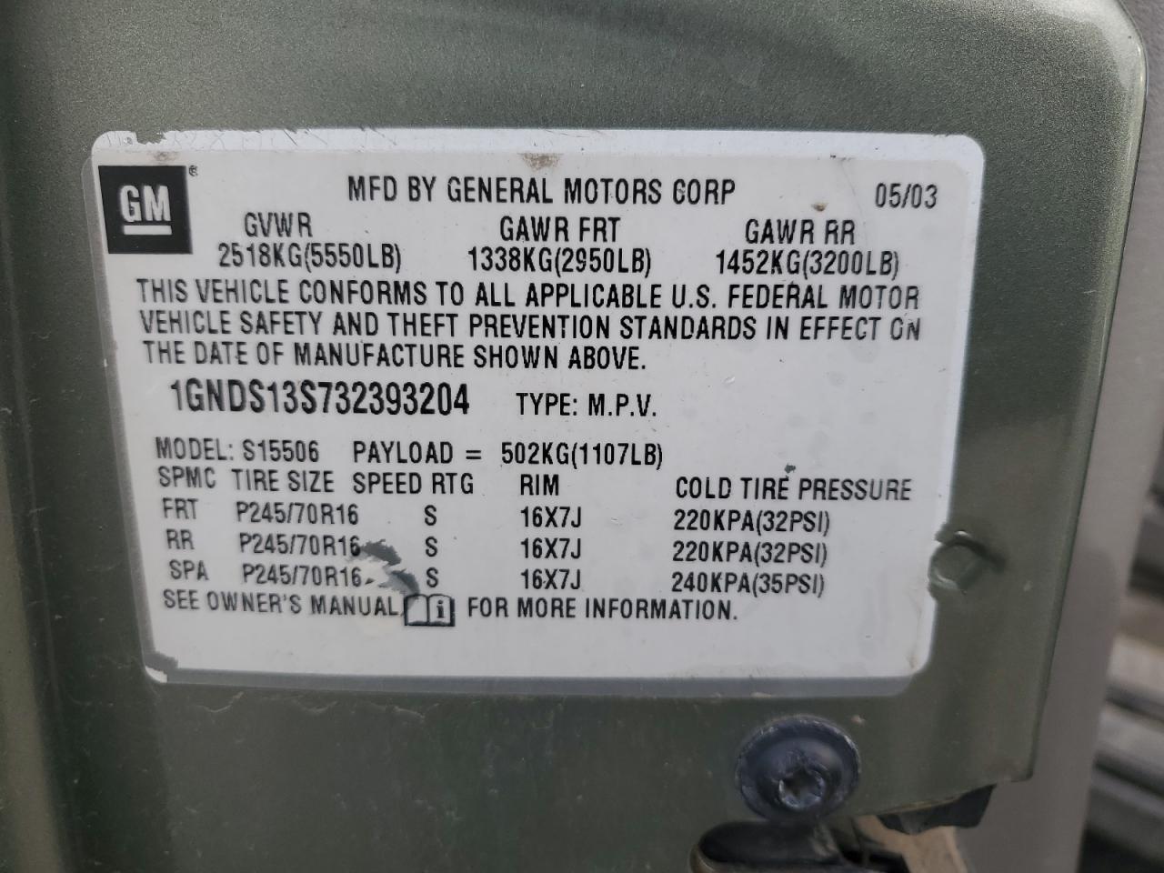 2003 Chevrolet Trailblazer VIN: 1GNDS13S732393204 Lot: 85724425