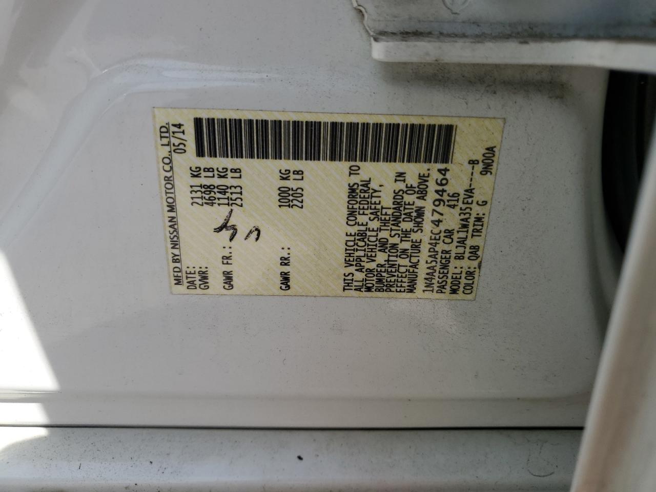 2014 Nissan Maxima S VIN: 1N4AA5AP4EC479464 Lot: 84944795