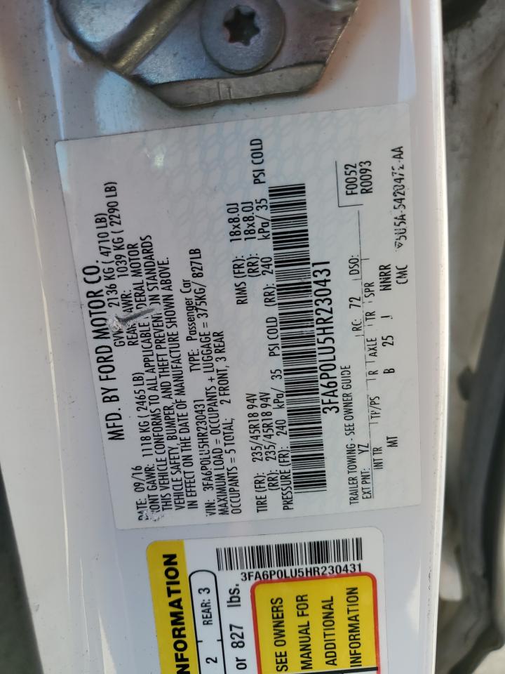 2017 Ford Fusion Se Hybrid VIN: 3FA6P0LU5HR230431 Lot: 84735925