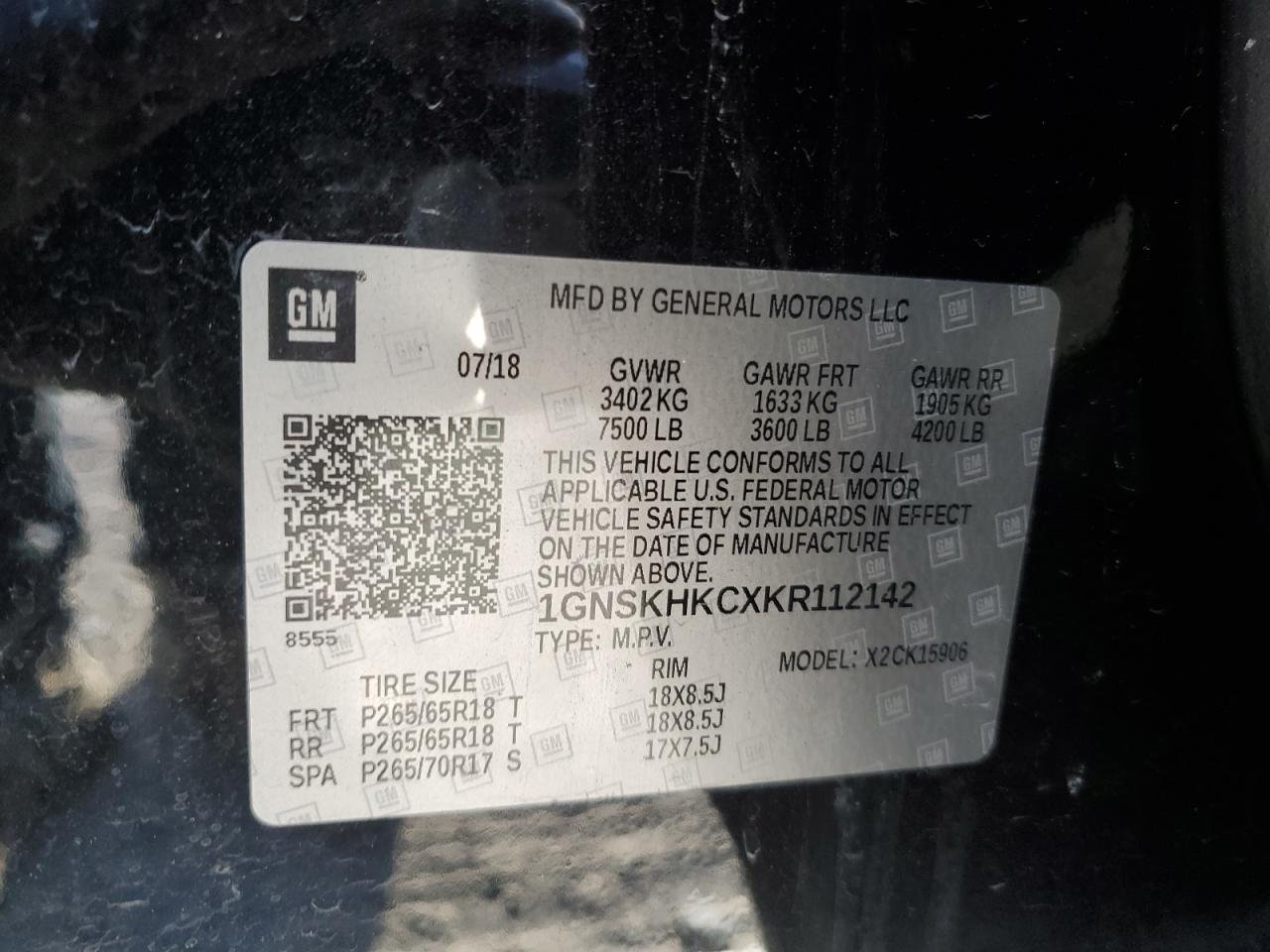 2019 Chevrolet Suburban K1500 Lt VIN: 1GNSKHKCXKR112142 Lot: 85170865