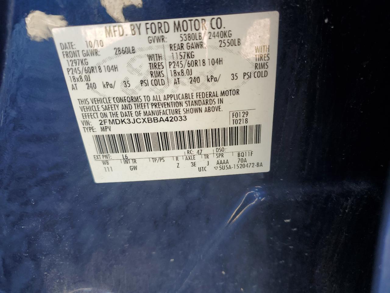 2011 Ford Edge Sel VIN: 2FMDK3JCXBBA42033 Lot: 82419495