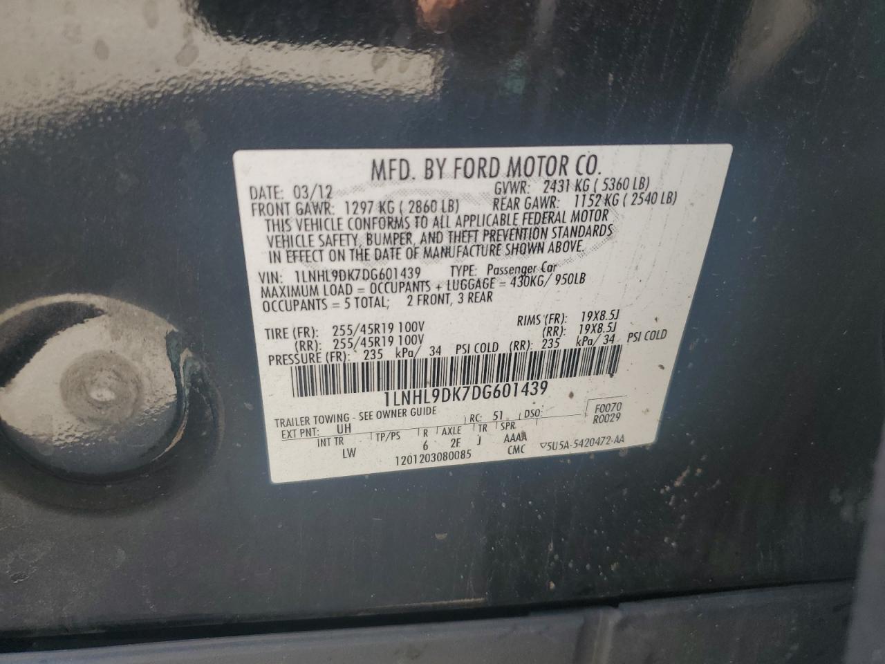 2013 Lincoln Mks VIN: 1LNHL9DK7DG601439 Lot: 85329725