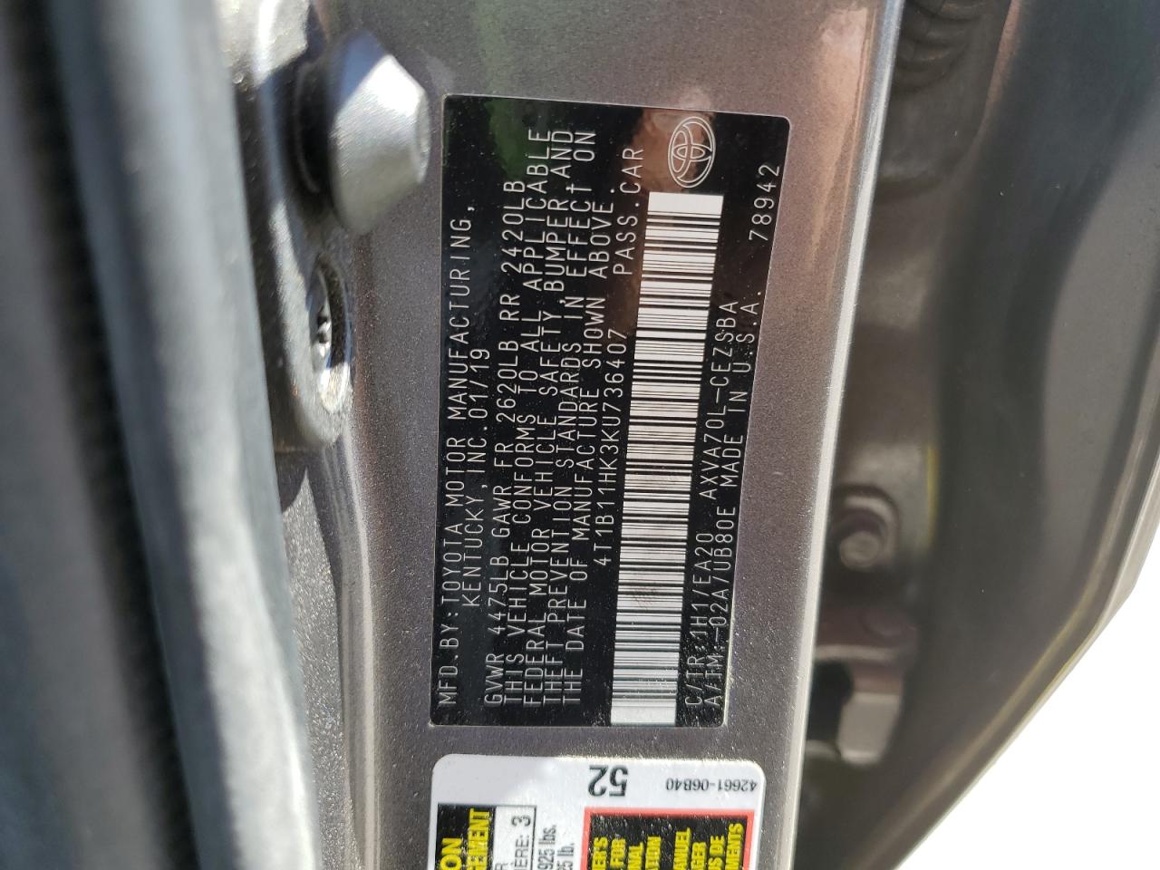 2019 Toyota Camry L VIN: 4T1B11HK3KU736407 Lot: 81314265