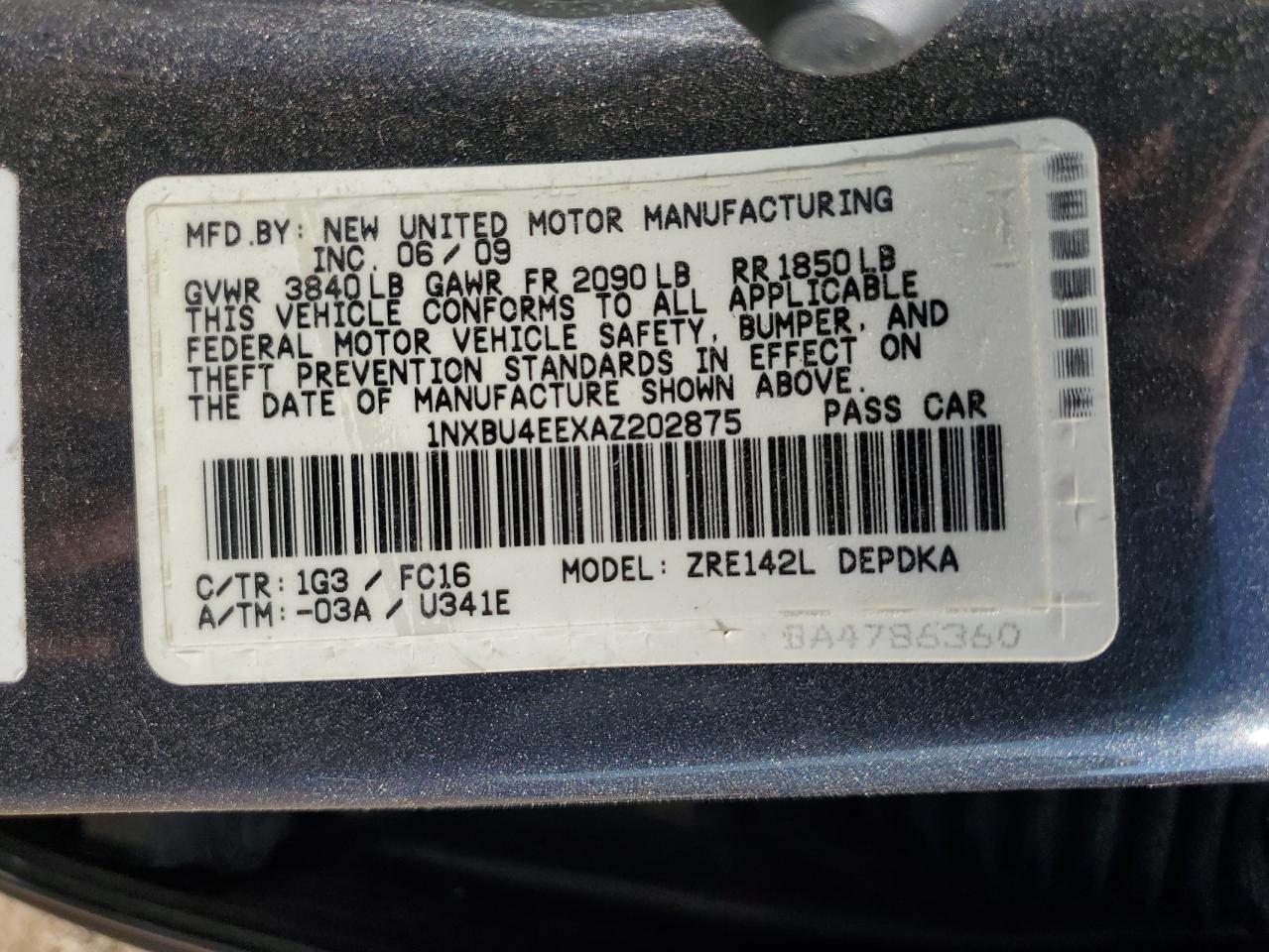 2010 Toyota Corolla Base VIN: 1NXBU4EEXAZ202875 Lot: 84925095