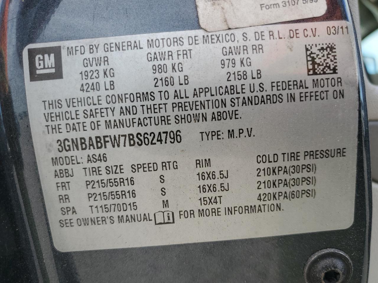 2011 Chevrolet Hhr Lt VIN: 3GNBABFW7BS624796 Lot: 82589025