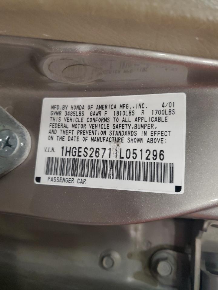 2001 Honda Civic Ex VIN: 1HGES26711L051296 Lot: 82396035