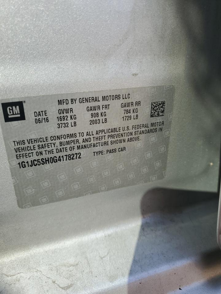 2016 Chevrolet Sonic Lt VIN: 1G1JC5SH0G4178272 Lot: 85374965