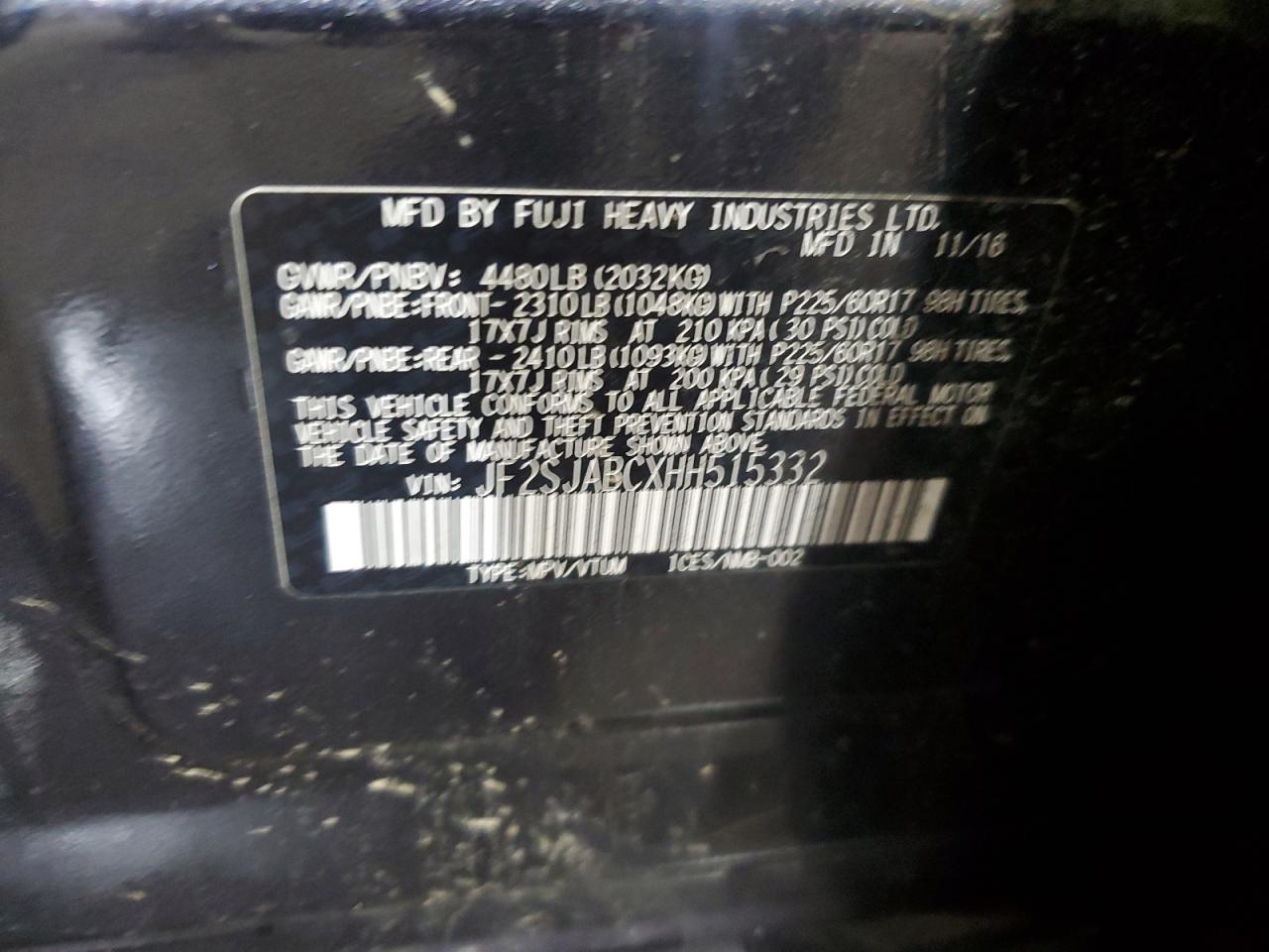 2017 Subaru Forester 2.5I VIN: JF2SJABCXHH515332 Lot: 85301185