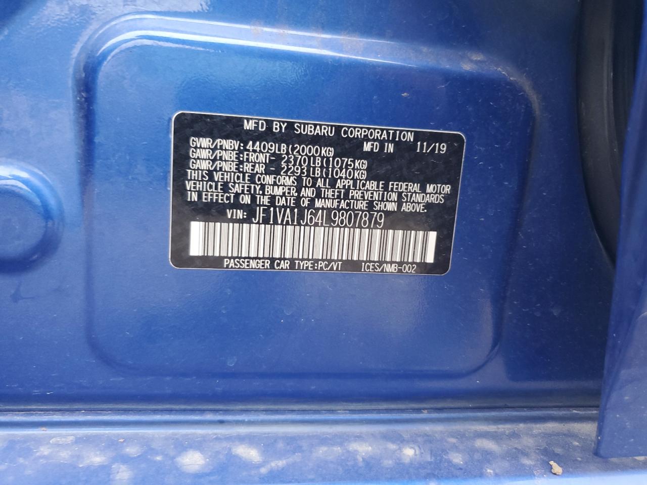 2020 Subaru Wrx Limited VIN: JF1VA1J64L9807879 Lot: 85083495