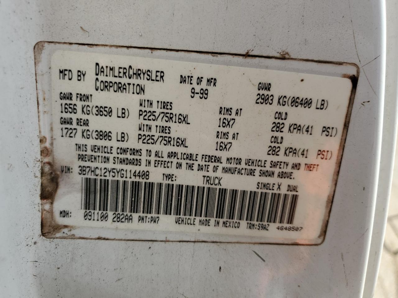 2000 Dodge Ram 1500 VIN: 3B7HC12Y5YG114408 Lot: 85258205