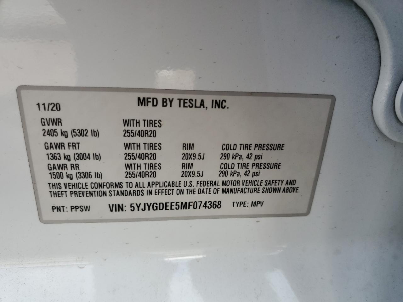 2021 Tesla Model Y VIN: 5YJYGDEE5MF074368 Lot: 84868755