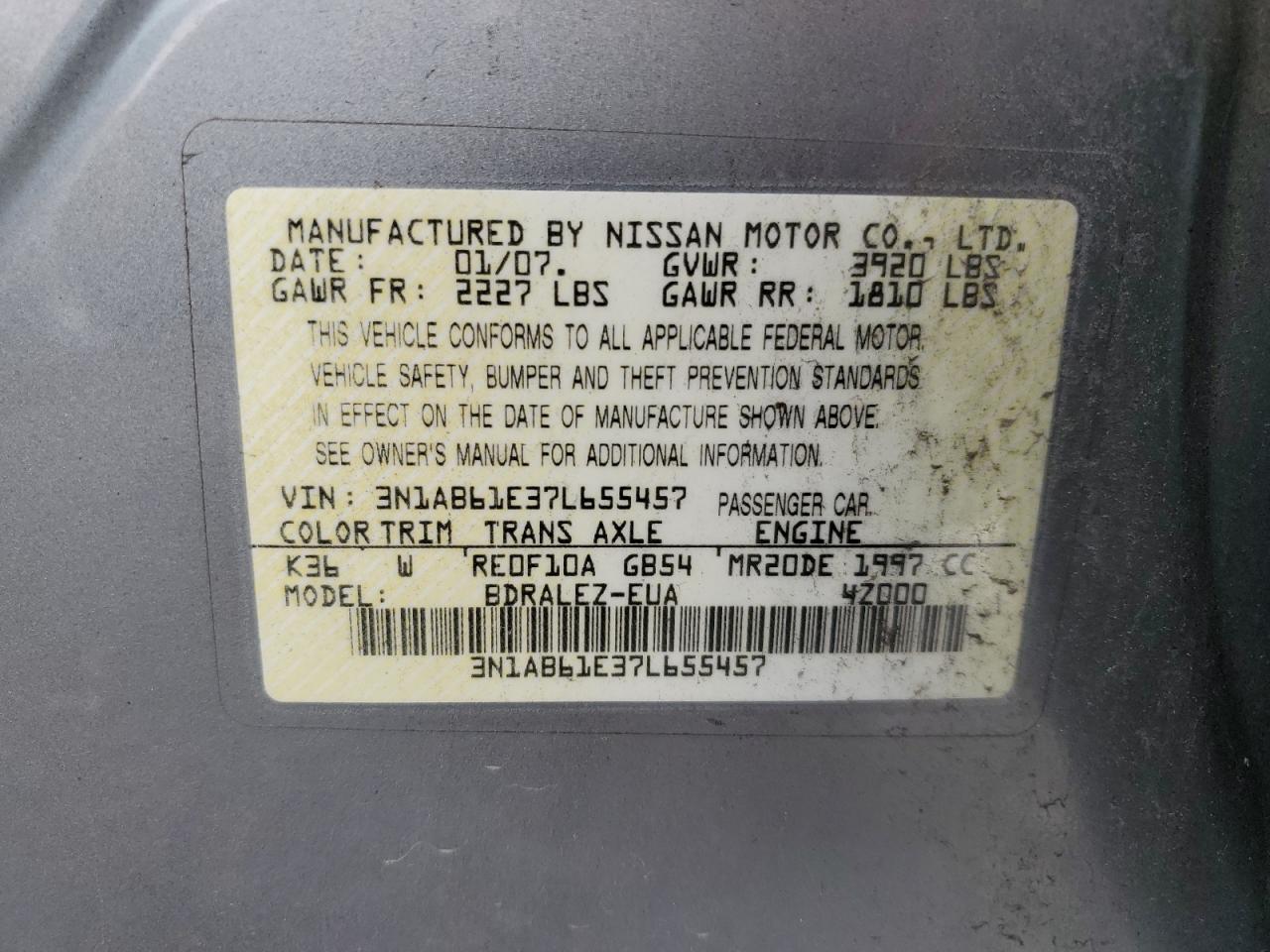 2007 Nissan Sentra 2.0 VIN: 3N1AB61E37L655457 Lot: 82452705