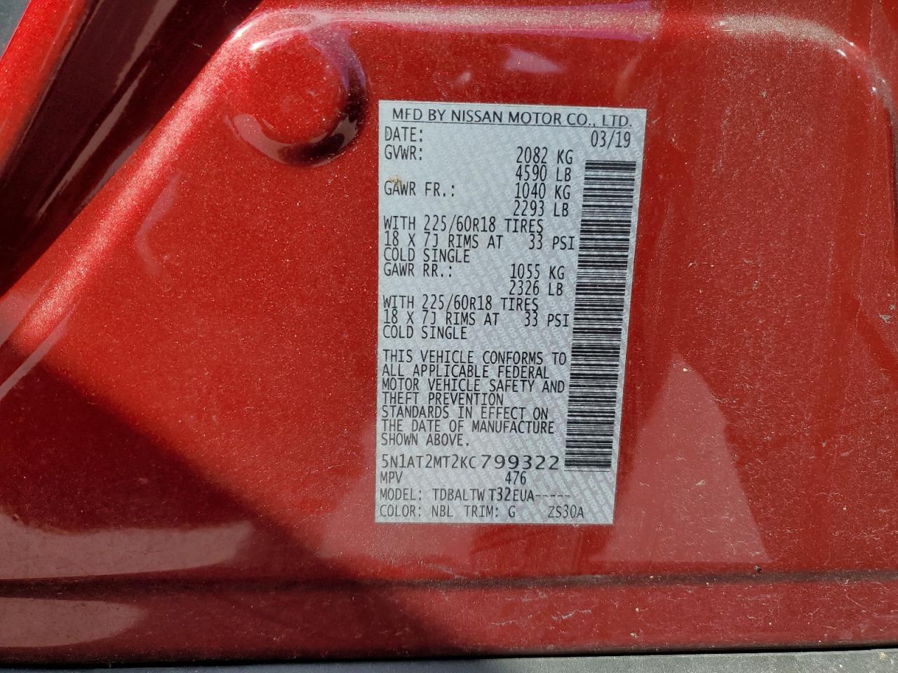 2019 Nissan Rogue S VIN: 5N1AT2MT2KC799322 Lot: 82565315