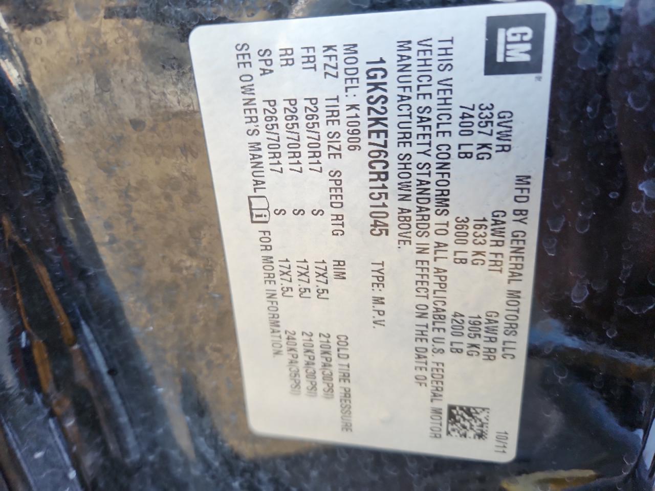 2012 GMC Yukon Xl K1500 Slt VIN: 1GKS2KE76CR151045 Lot: 86468395