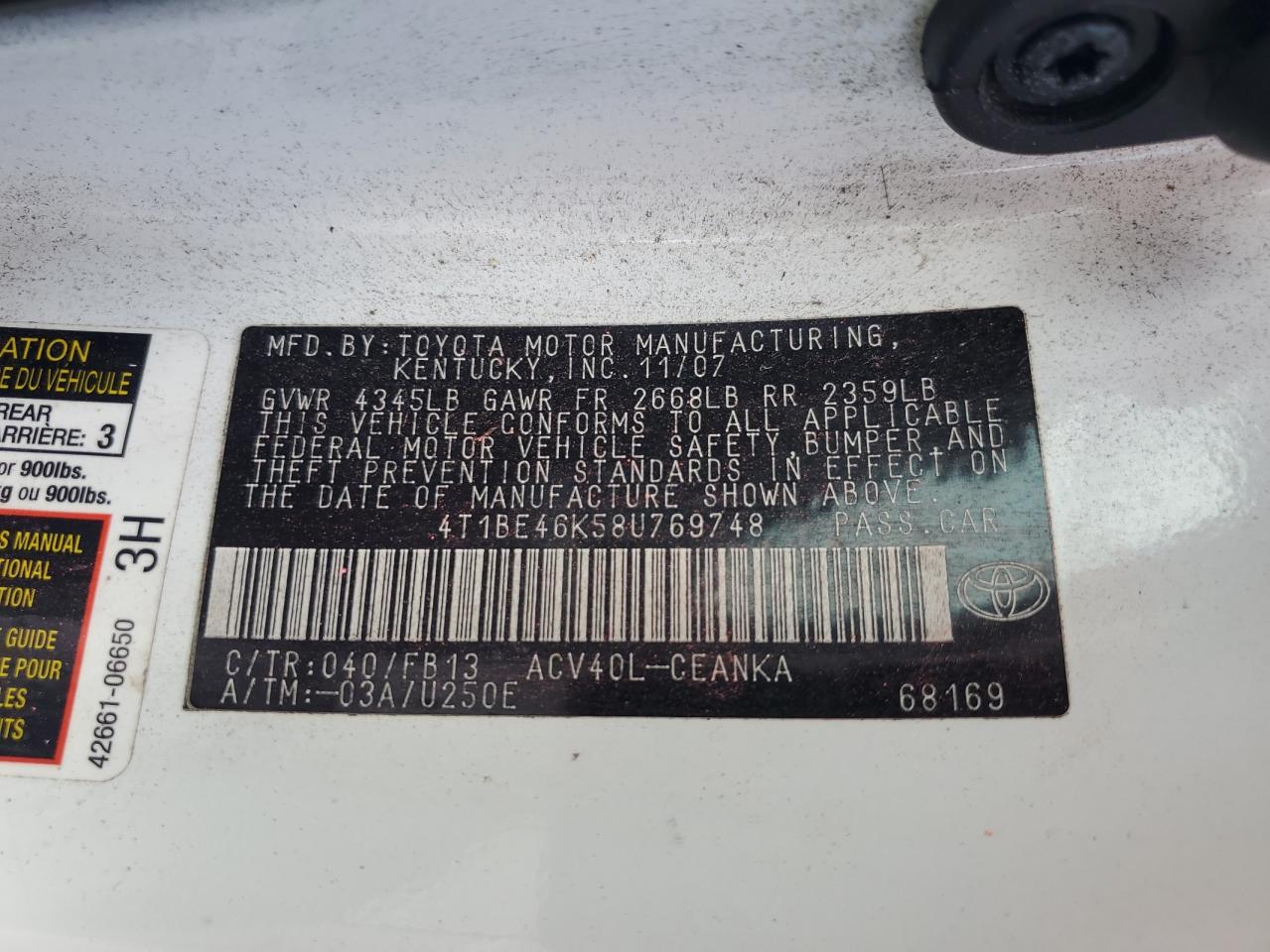 2008 Toyota Camry Ce VIN: 4T1BE46K58U769748 Lot: 81924575