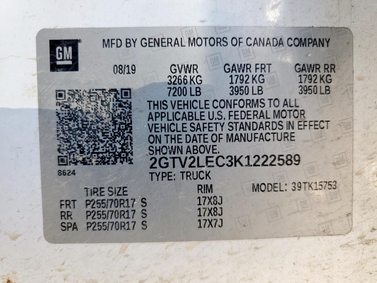 2019 GMC Sierra Limited K1500 VIN: 2GTV2LEC3K1222589 Lot: 86109705