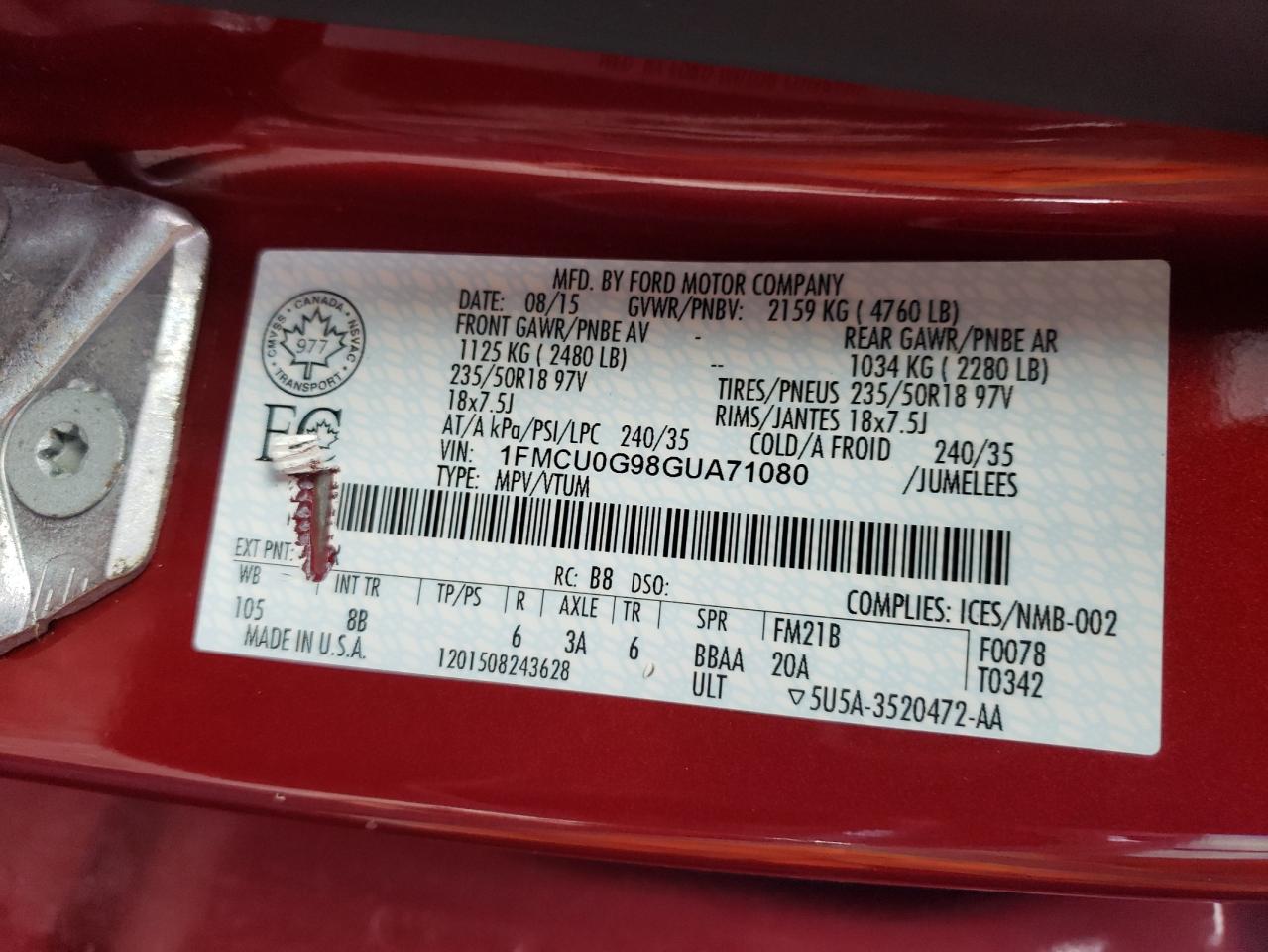 2016 Ford Escape Se VIN: 1FMCU0G98GUA71080 Lot: 86246365