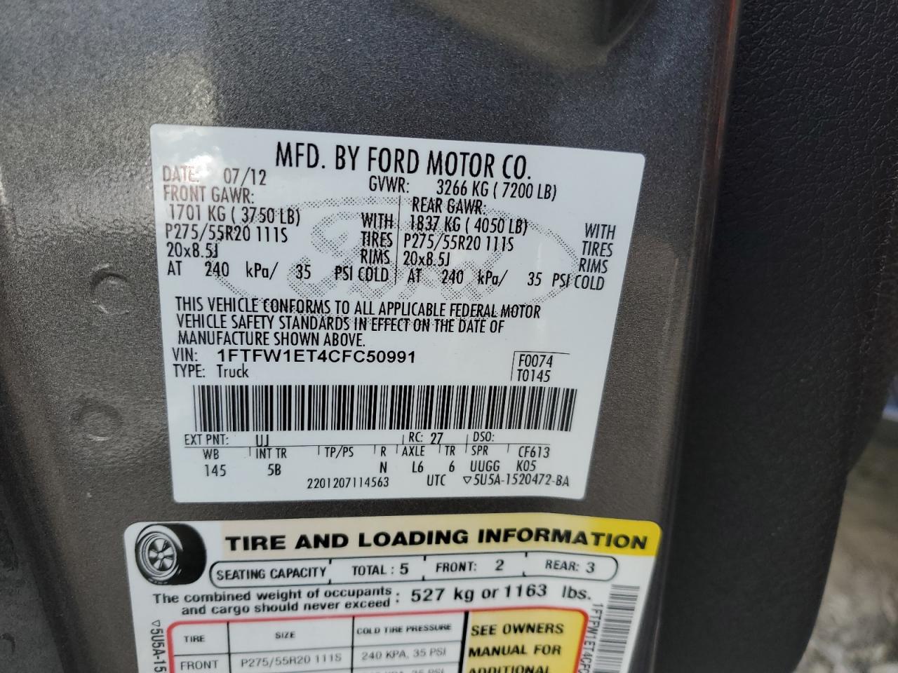 2012 Ford F150 Supercrew VIN: 1FTFW1ET4CFC50991 Lot: 82435425