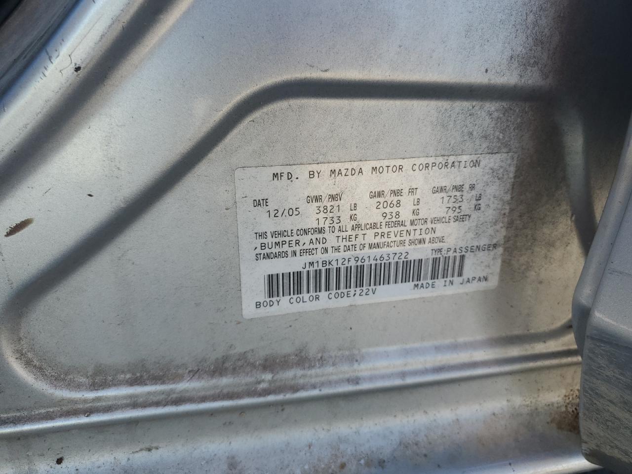 2006 Mazda 3 I VIN: JM1BK12F961463722 Lot: 86796685