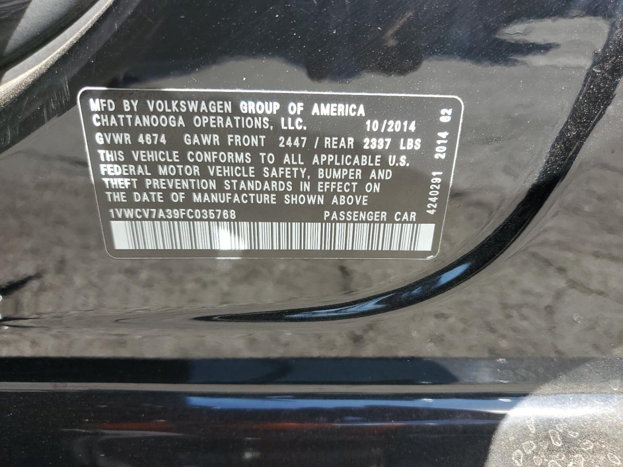 2015 Volkswagen Passat Sel VIN: 1VWCV7A39FC035768 Lot: 89872625