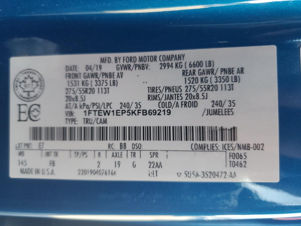 2019 Ford F150 Supercrew VIN: 1FTEW1EP5KFB69219 Lot: 82640185
