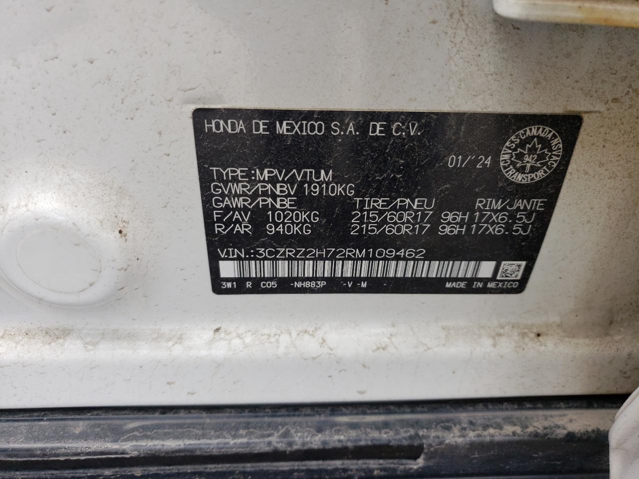 2024 Honda Hr-V Exl VIN: 3CZRZ2H72RM109462 Lot: 87385905