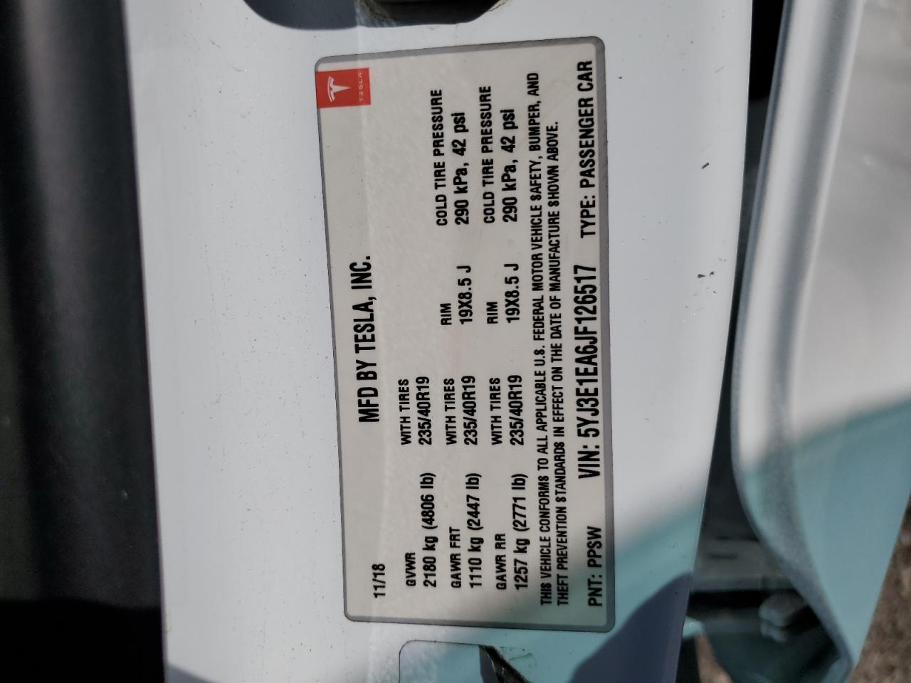 2018 Tesla Model 3 VIN: 5YJ3E1EA6JF126517 Lot: 84910145