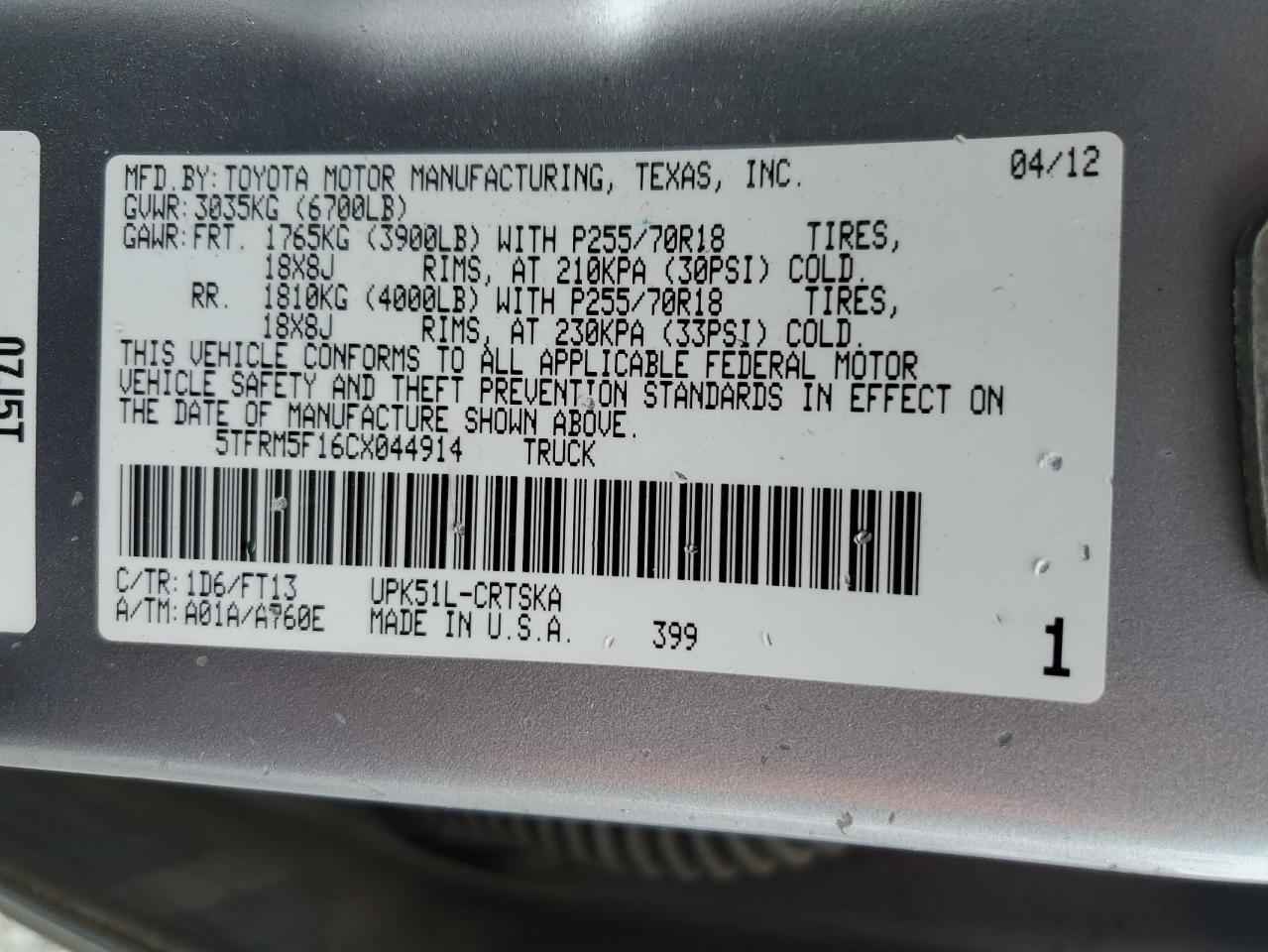 2012 Toyota Tundra Double Cab Sr5 VIN: 5TFRM5F16CX044914 Lot: 85485165