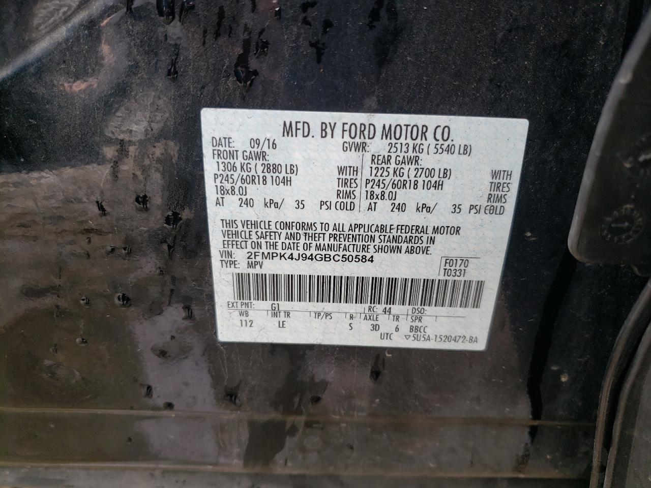 2016 Ford Edge Sel VIN: 2FMPK4J94GBC50584 Lot: 82220295