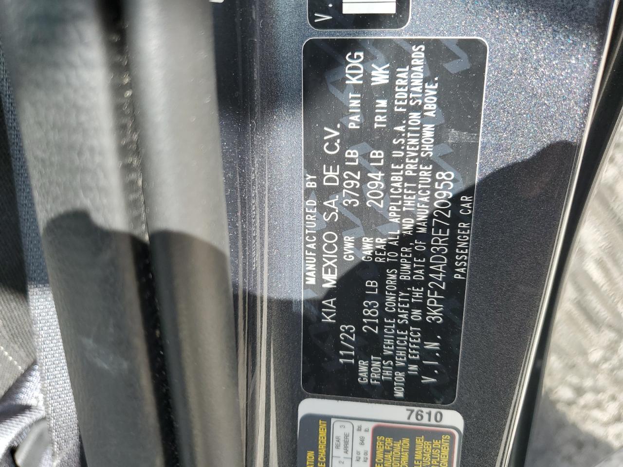 2024 Kia Forte Lx VIN: 3KPF24AD3RE720958 Lot: 84887075