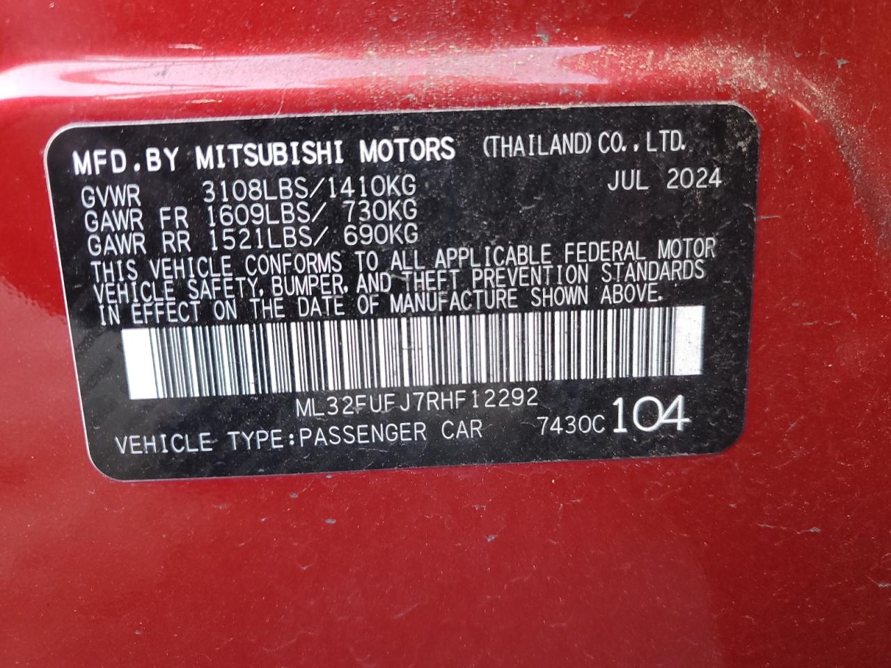 2024 Mitsubishi Mirage G4 Es VIN: ML32FUFJ7RHF12292 Lot: 85723075