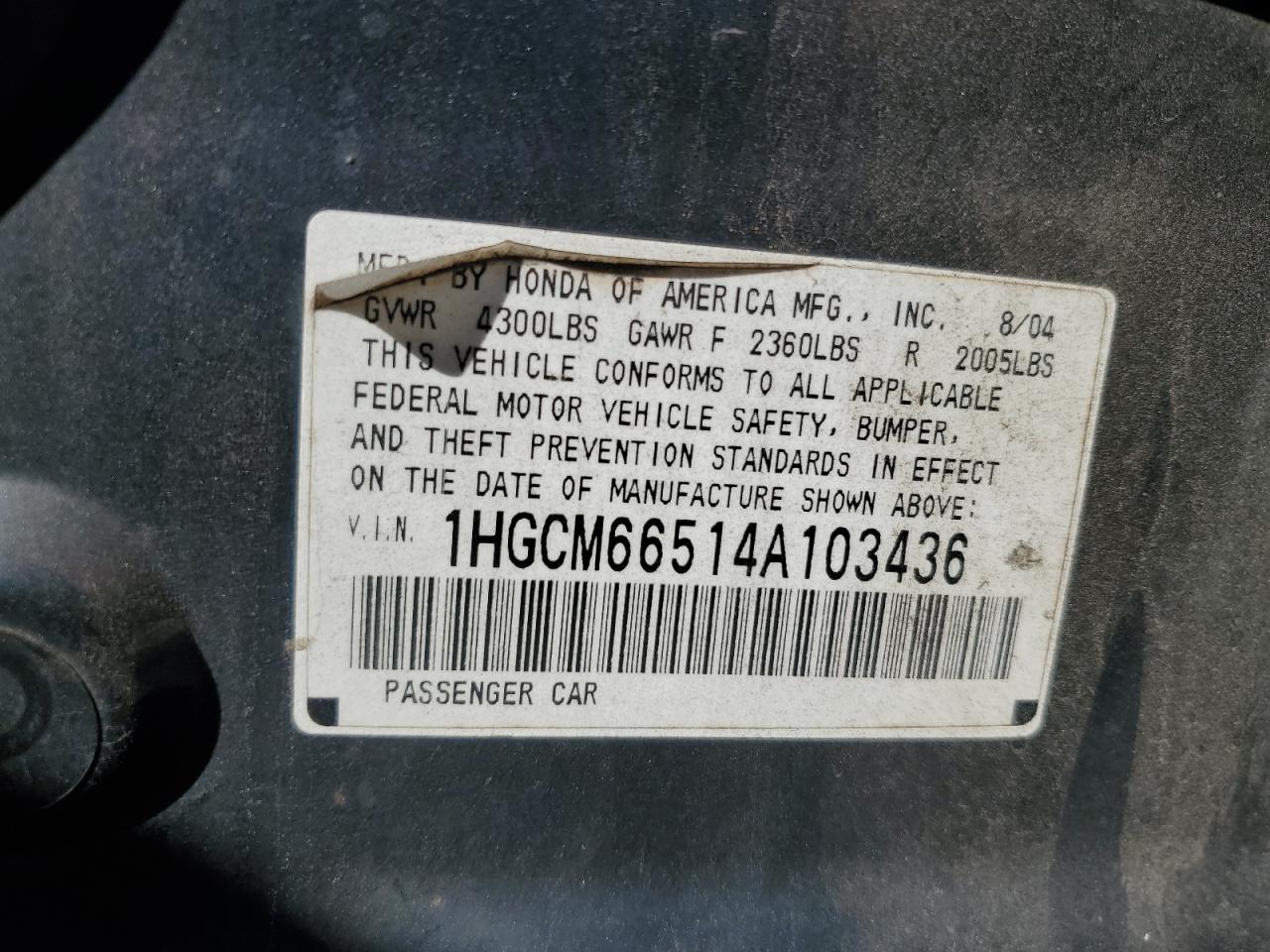 2004 Honda Accord Ex VIN: 1HGCM66514A103436 Lot: 81970795